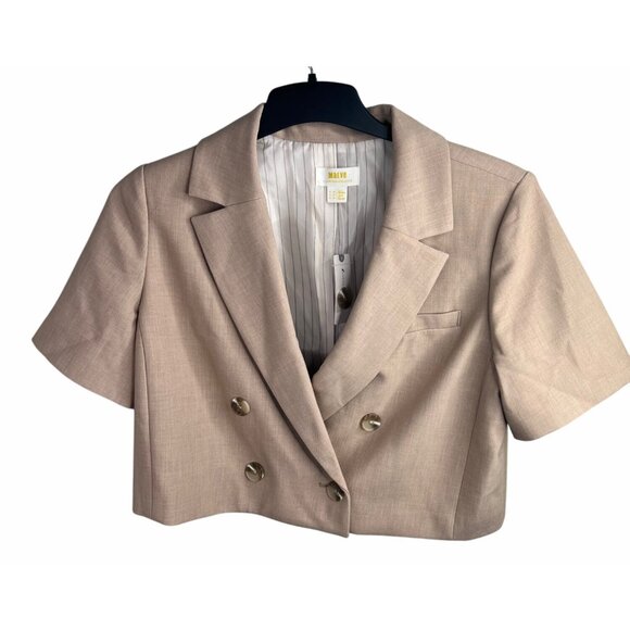 Anthropologie Maeve Beige Double-Breasted Cropped Blazer Short Sleeve Size US 14 - Picture 7 of 16